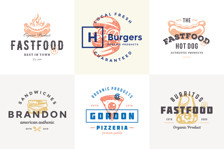 Hand drawn fast food logos and labels with modern vintage typography retro style set vector illustration